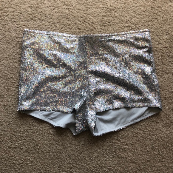 silver sequin high waisted shorts